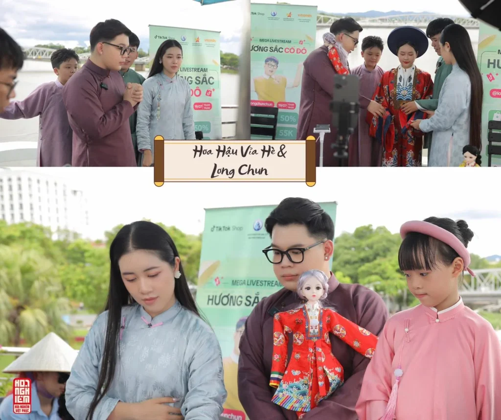2 KOL là Long Chun và Hoa hậu vỉa hè sử dụng cổ phục của Hoa Nghiêm Việt Phục để livestream trong một dự án tại Huế