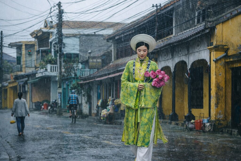 Chụp ảnh mưa Huế tại phố cổ Bao Vinh đẹp lãng mạn