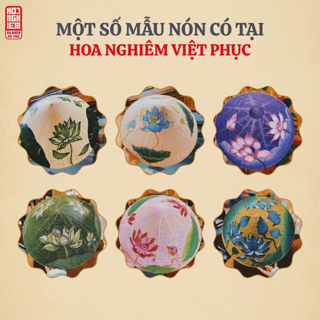 Một số mẫu nón lá Huế với biểu tượng hoa sen được nhiều khách hàng yêu thích