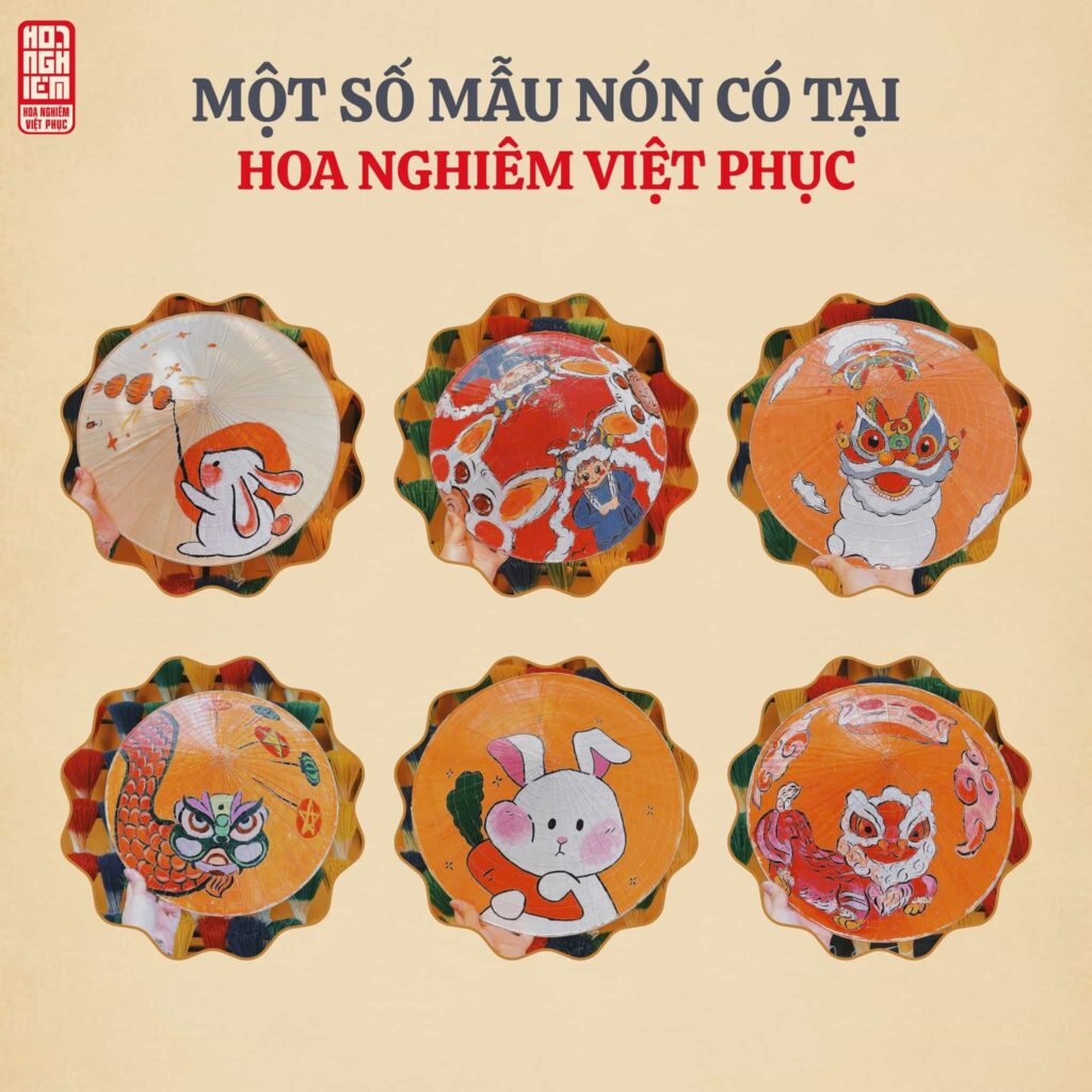 Một vài mẫu nón lá vẽ tay thủ công tại Hoa Nghiêm Việt Phục dành cho các bé