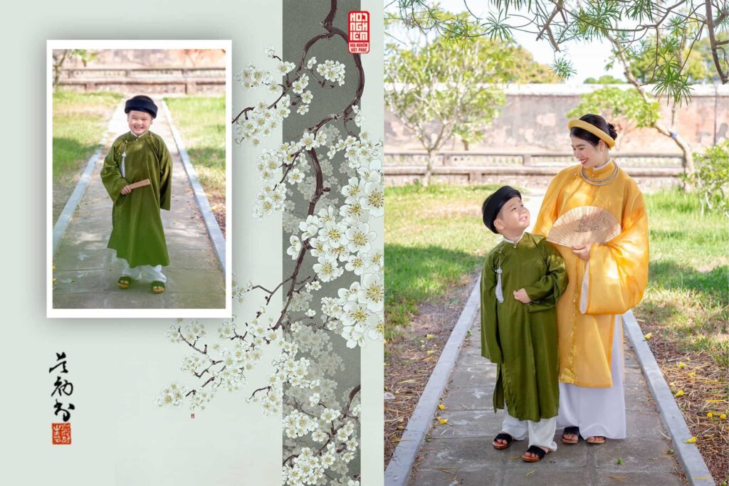 Thuê Việt phục xanh cho bé trai tại Huế chụp ảnh cùng mẹ mùa xuân này