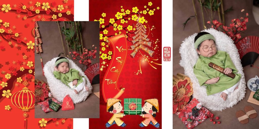 Bé sơ sinh mặc cổ phục truyền thống chụp ảnh Tết tại Hoa Nghiêm Việt Phục Huế