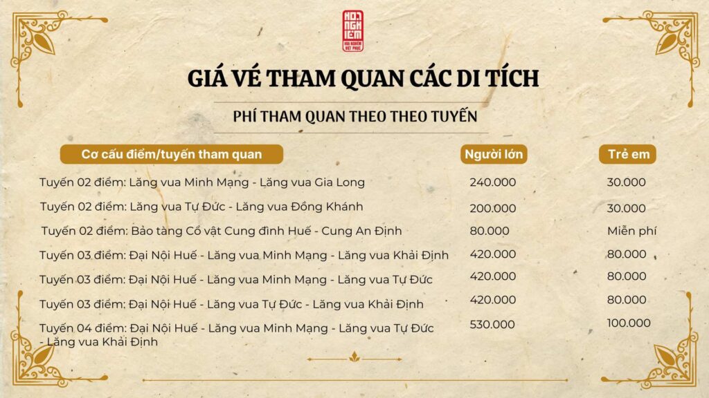 Bảng giá vé tham quan các di tích Huế theo tuyến