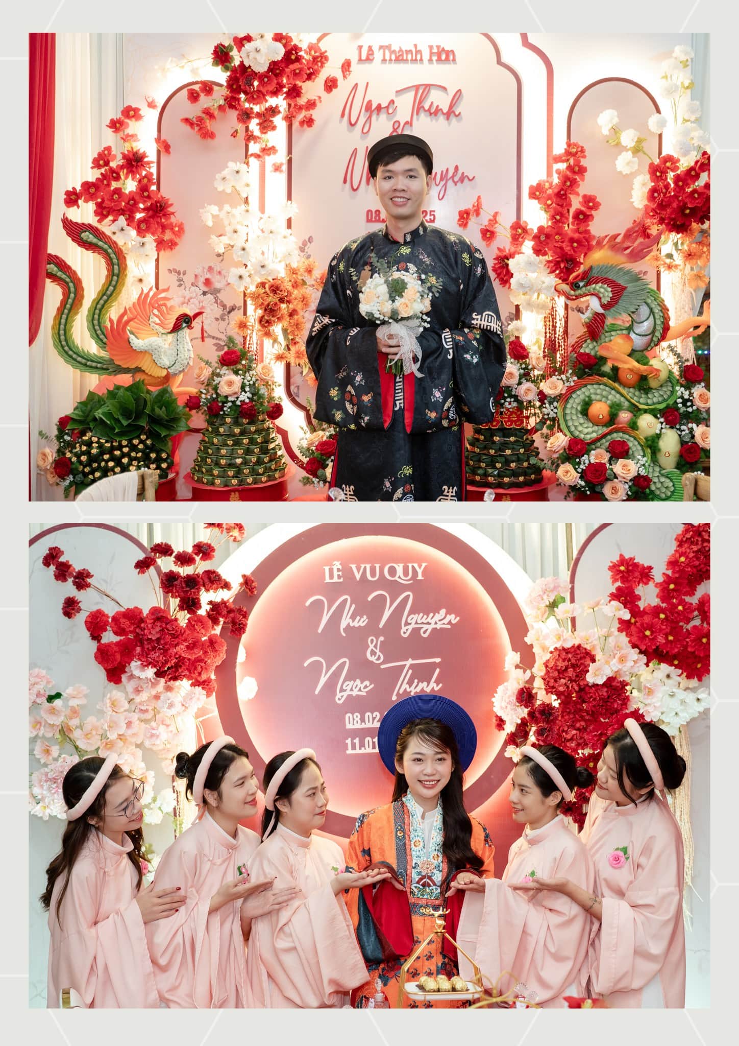 Chú rể mặc áo Tấc và cô dâu mặc áo Nhật Bình trong nghi lễ cưới truyền thống Việt Nam