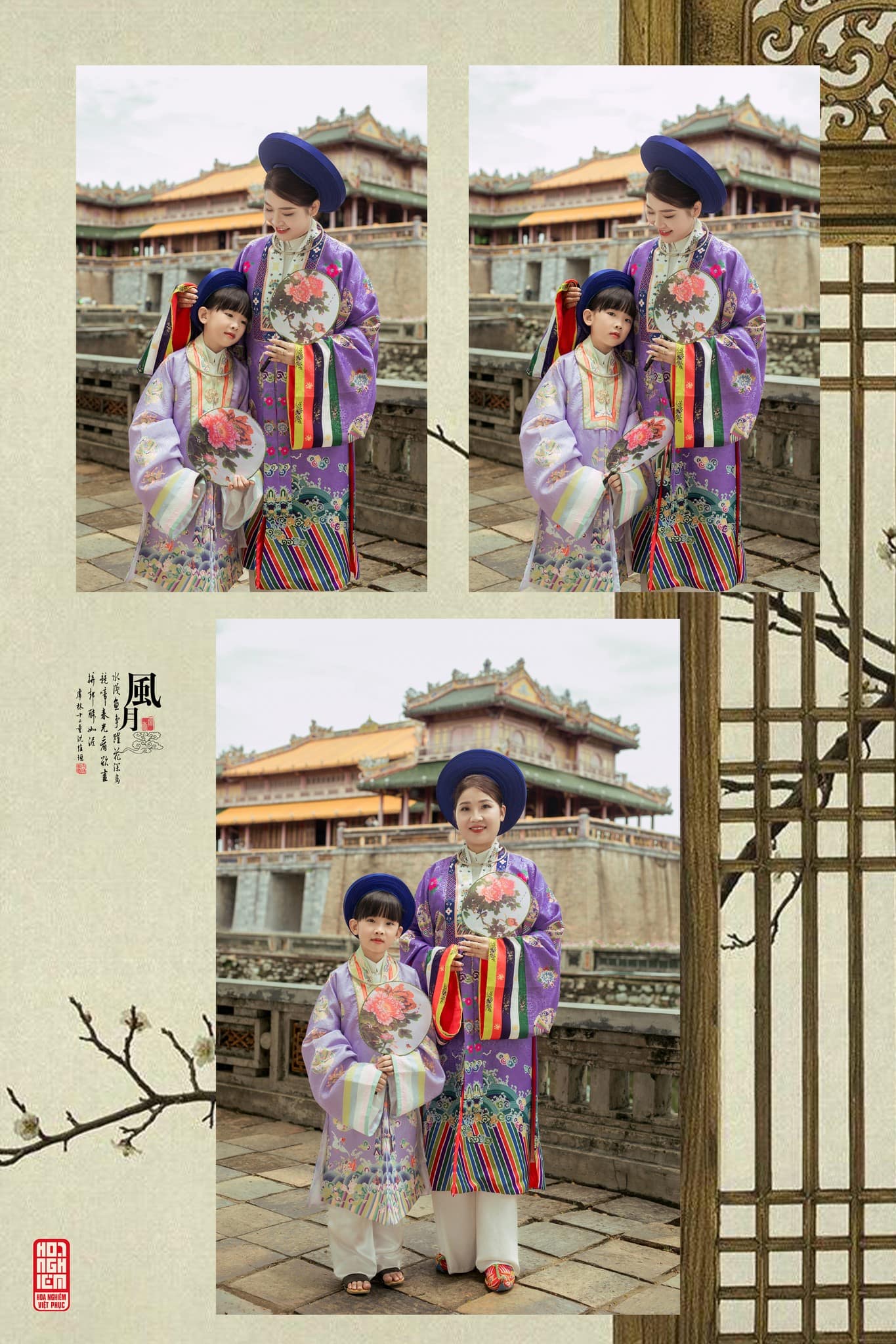 Set cổ phục mẹ và con gái Nhật Bình tím phong cách cung đình Huế Mẹ và bé mặc cổ phục áo Nhật Bình tím truyền thống, chụp tại kiến trúc cung đình Huế
