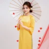 Áo dài lụa cách tân cổ tròn cúc bọc chéo vai (Nhiều màu)