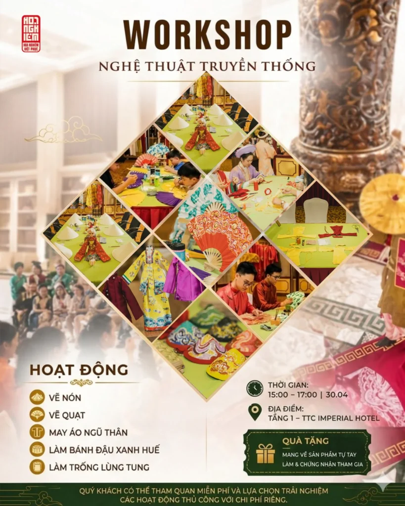 Poster Tổ chức Workshop và Sự kiện cho doanh nghiệp và đoàn khách du lịch Huế với các hoạt động trải nghiệm văn hóa truyền thống.