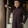 Việt Phục nam - Ngũ Thân gấm tím than dệt họa tiết chữ Thọ tròn cách điệu chìm