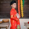 Áo Ngũ Thân tay chẽn trẻ em đỏ son họa tiết cung đình Huế