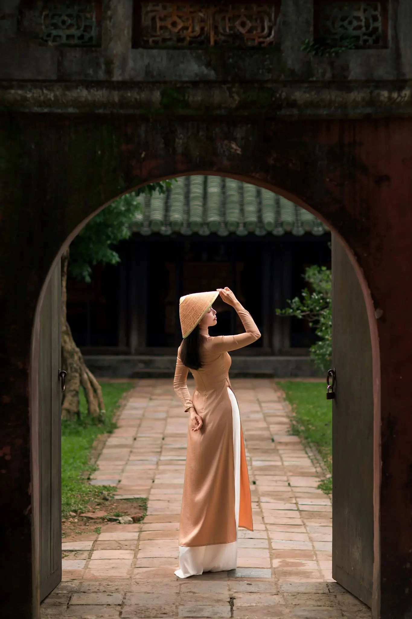 Áo dài lụa truyền thống màu nâu be trơn (4)