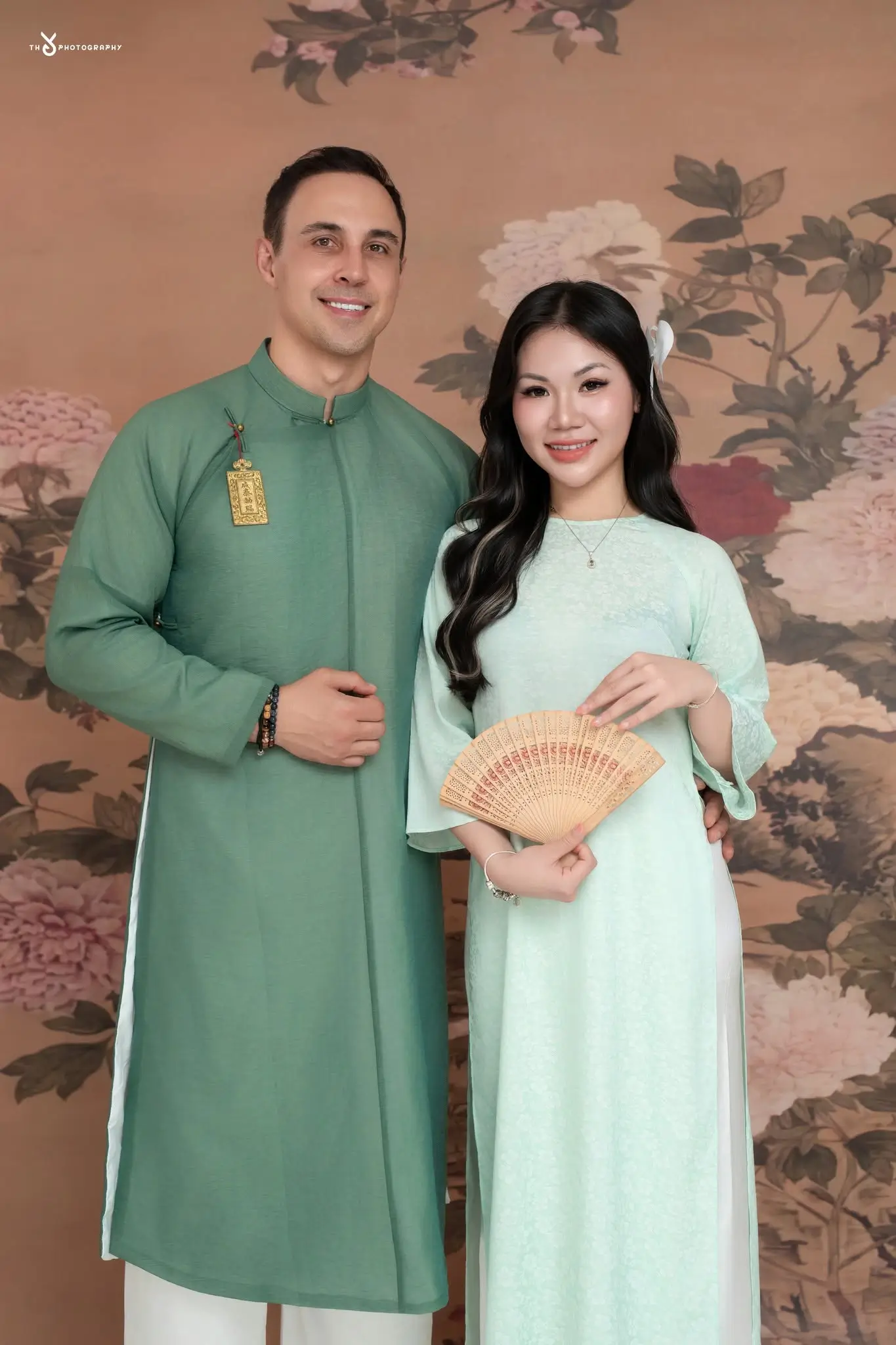 Việt phục đôi Thanh Xuân - Áo Ngũ Thân nam xanh phối Áo Dài cách tân nữ xanh mint