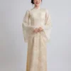 Áo Dài cách tân tay loe tơ cao cấp màu kem thêu chỉ vàng họa tiết hoa lá sóng nước